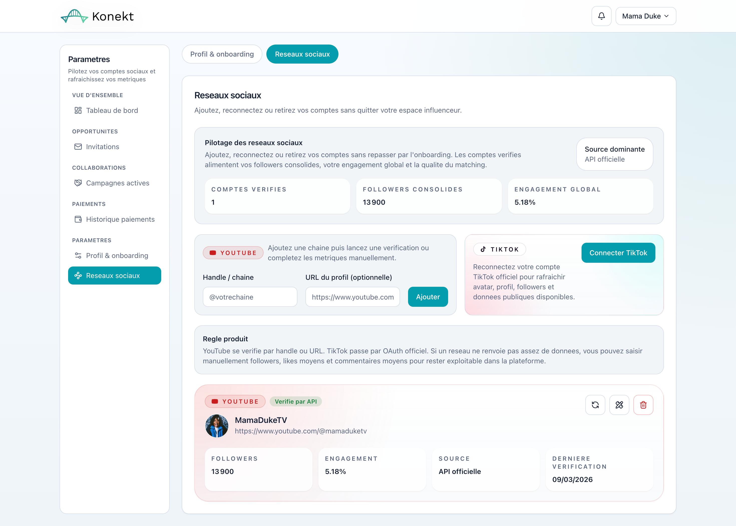 Tableau de bord influenceur Konekt